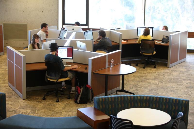 Students working on computers in the library