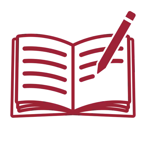pen and notebook icon maroon