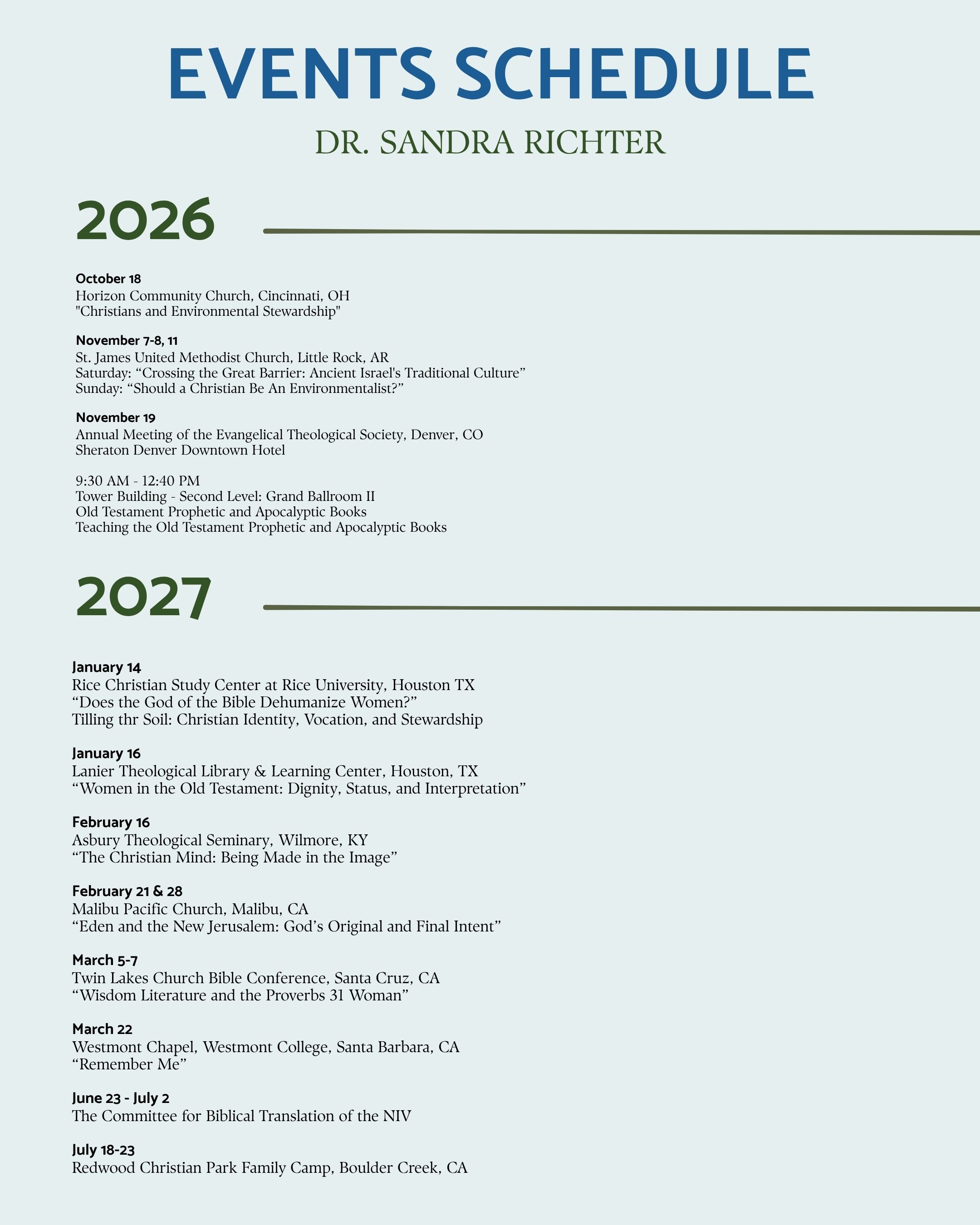 Sandy Richter speaking schedule 2026-27