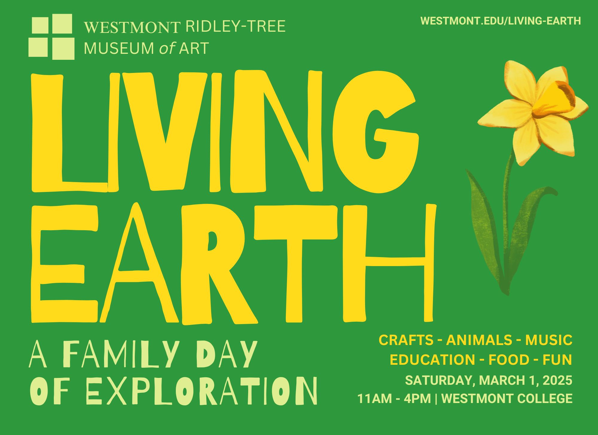 Green and yellow graphic titled "Living Earth" with information for the event.