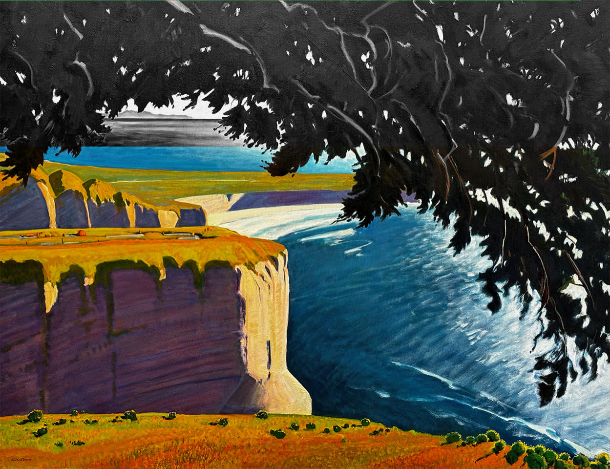 Painting of yellow cliffs overlooking a blue ocean, with a tree canopy in the upper foreground.