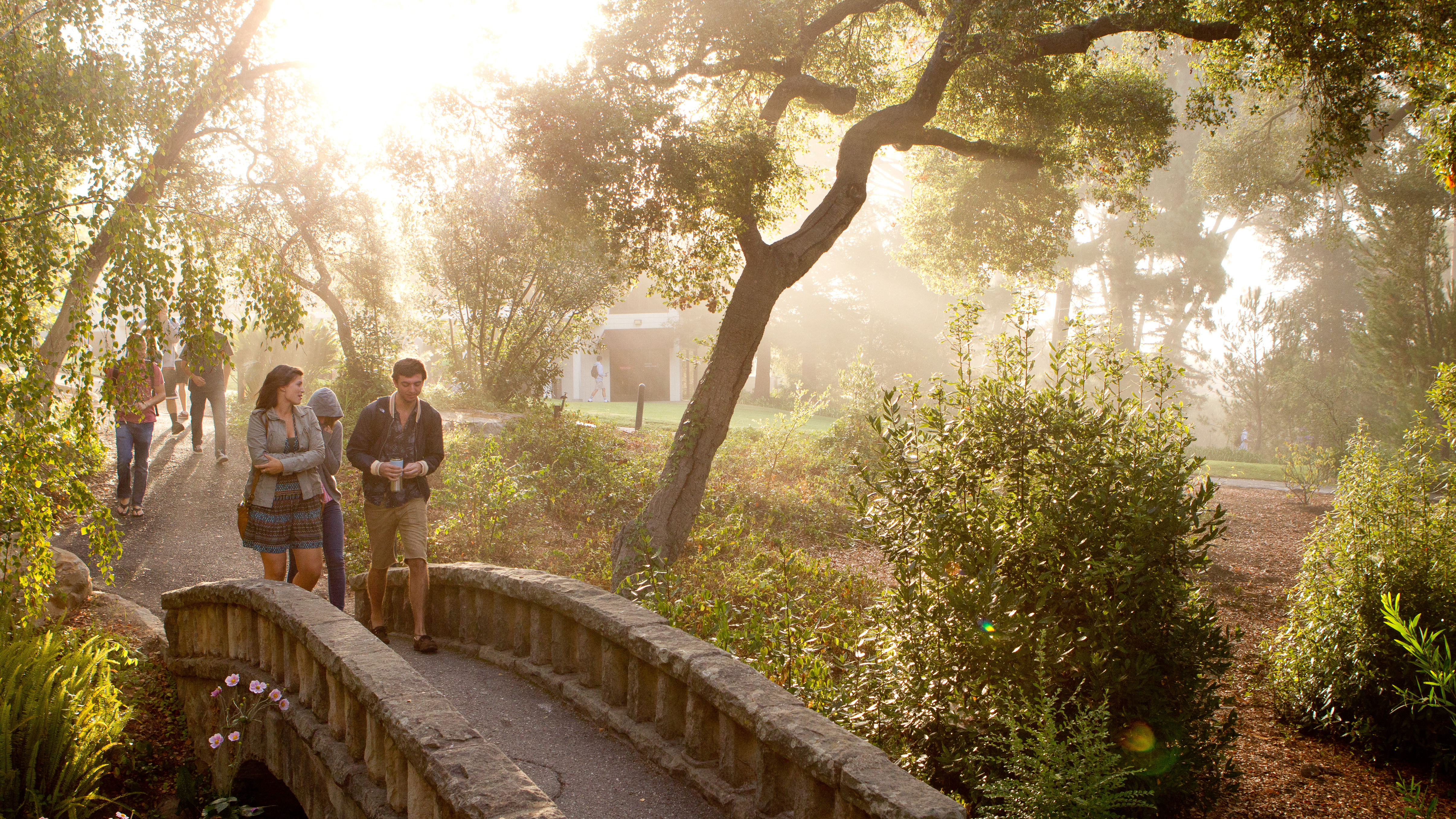 students walking on campus bridge