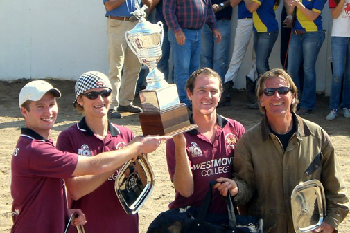 Westmont Men's Club Polo Team Collin White, Wiley Uretz and Bodie Bottoms with John Westley