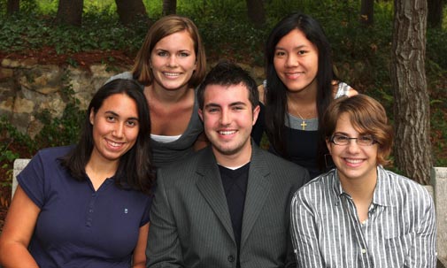 The Emmaus Road core team works throughout the year, increasing campus awareness of global concerns.Top Row (left to right) Katie Hill,Tammy Tong (China) Bottom Row (left to right) Laura Diaz, Michael Mantyla (El Salvador) and Lauren Brown