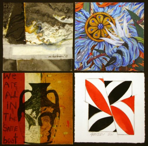 Artwork by (clockwise from top left) Mary Heebner, Penelope Gottlieb, Charles Arnoldi and Squeak Carnwath.