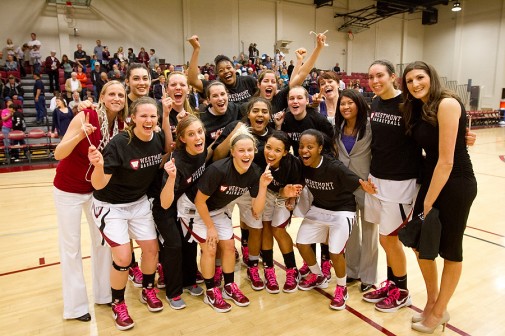 The Warriors celebrate their first-ever Golden State Athletic Conference regular season championship Feb. 21.