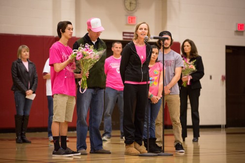 Kenon Neal and her family where honored during halftime as the Warriors pinked out the gym 