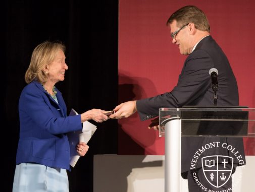 Dr. Goodwin accepts the Westmont Leadership Award from President Gayle D. Beebe
