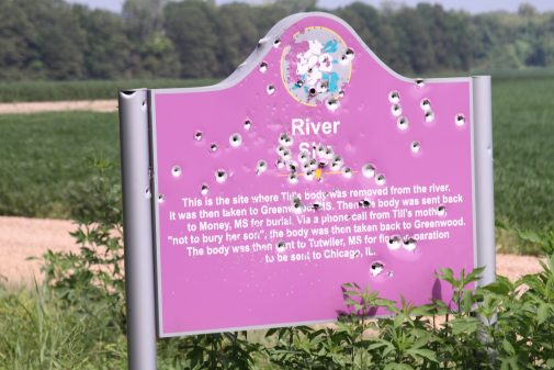 This sign was placed here in April 2008 by the Emmett Till Memorial Commission (ETMC). As the bullet-filled sign makes apparent, the ETMC’s attempt to commemorate the murder of Emmett Till with roadside markers has been met with vandalism.