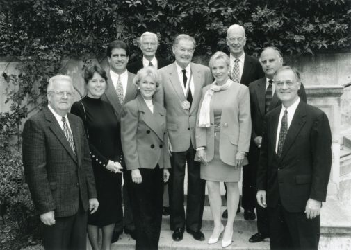 Larry Crandell with the Westmont Medal at Commencement 2005 with Foundation members Gary Harris, Marguerite Berti, Tim Tremblay, Gerd Jordano, Stewart Abercrombie, Sharon Clenet, David Yager, Pier Gherini, President David K. Winter