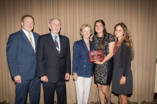 Chantel Cappuccilli poses with Sophie FullerRob. Also pictured: President Gayle D. Beebe, Pete and Gerd Jordano.