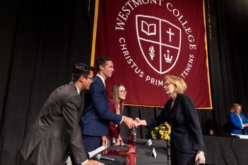 Noonan answered questions from a panel of Westmont students in convocation