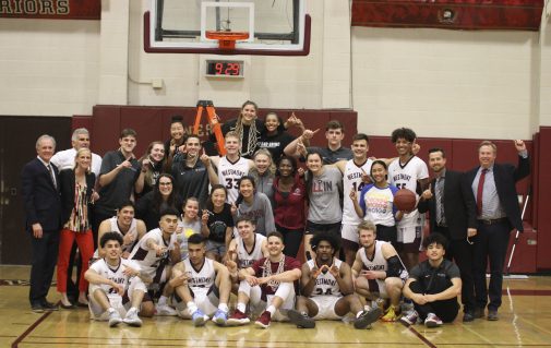 The men's and women's basketball teams celebrate after clinching GSAC Championships