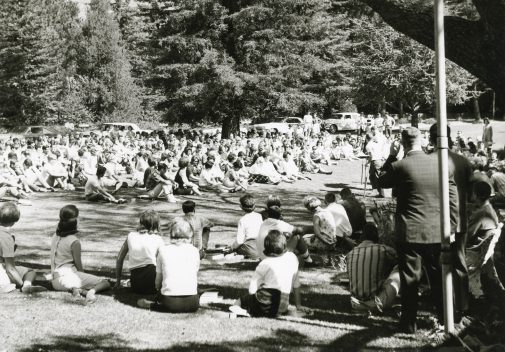 Students gather for chapel under the giant redwood in the mid-'60s.
