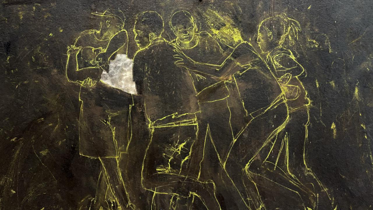 Painting in green on black background of four young people carrying a wounded figure wearing a white, cloudy shirt.