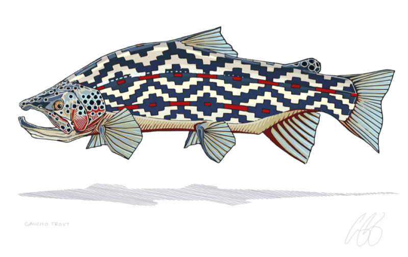 Decorative trout illustration with blue and red details.