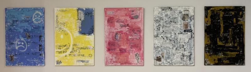 5 collages hung in gallery blue, yellow, pink, white, black
