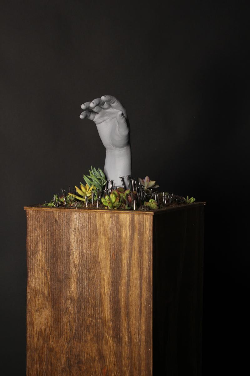 plaster hand, succulents and nails on wooden pedestal