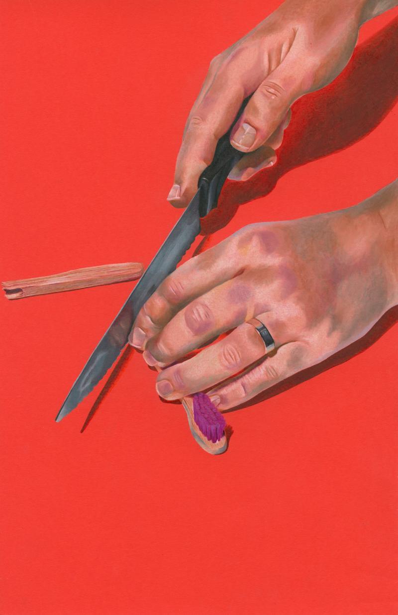 red drawing with knife and toothbrush