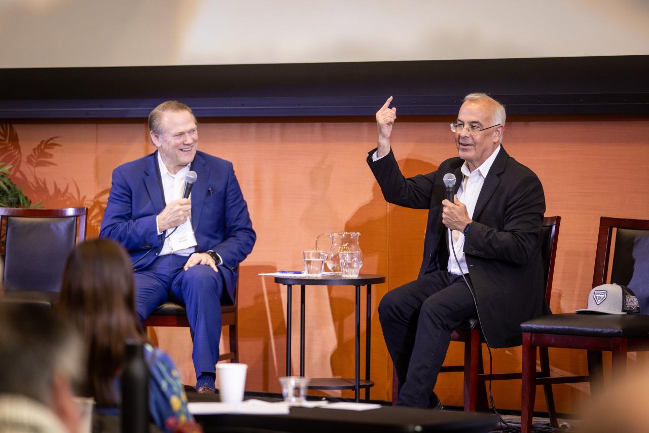 President Gayle D. Beebe chats with author David Brooks