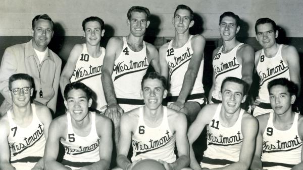 Tine Hardeman (#4) with Westmont Men's Basketball (circa 1951-1955)