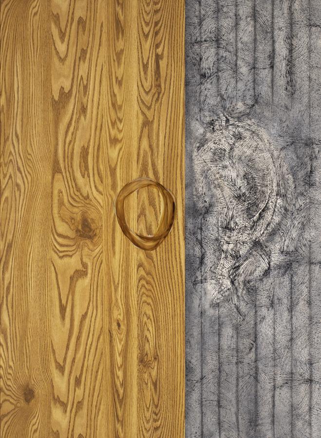 Image of contemporary artwork; half of the work is gray Celotex and the other is wood-grain Formica.