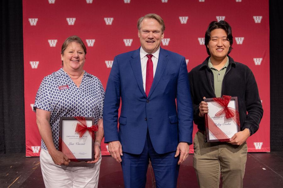 Lisa Vincent and Ryley Oroku with President Gayle D. Beebe