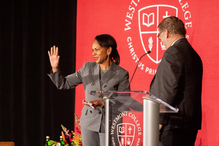 Condoleezza Rice Accepts the Leadership Award from President Gayle D. Beebe