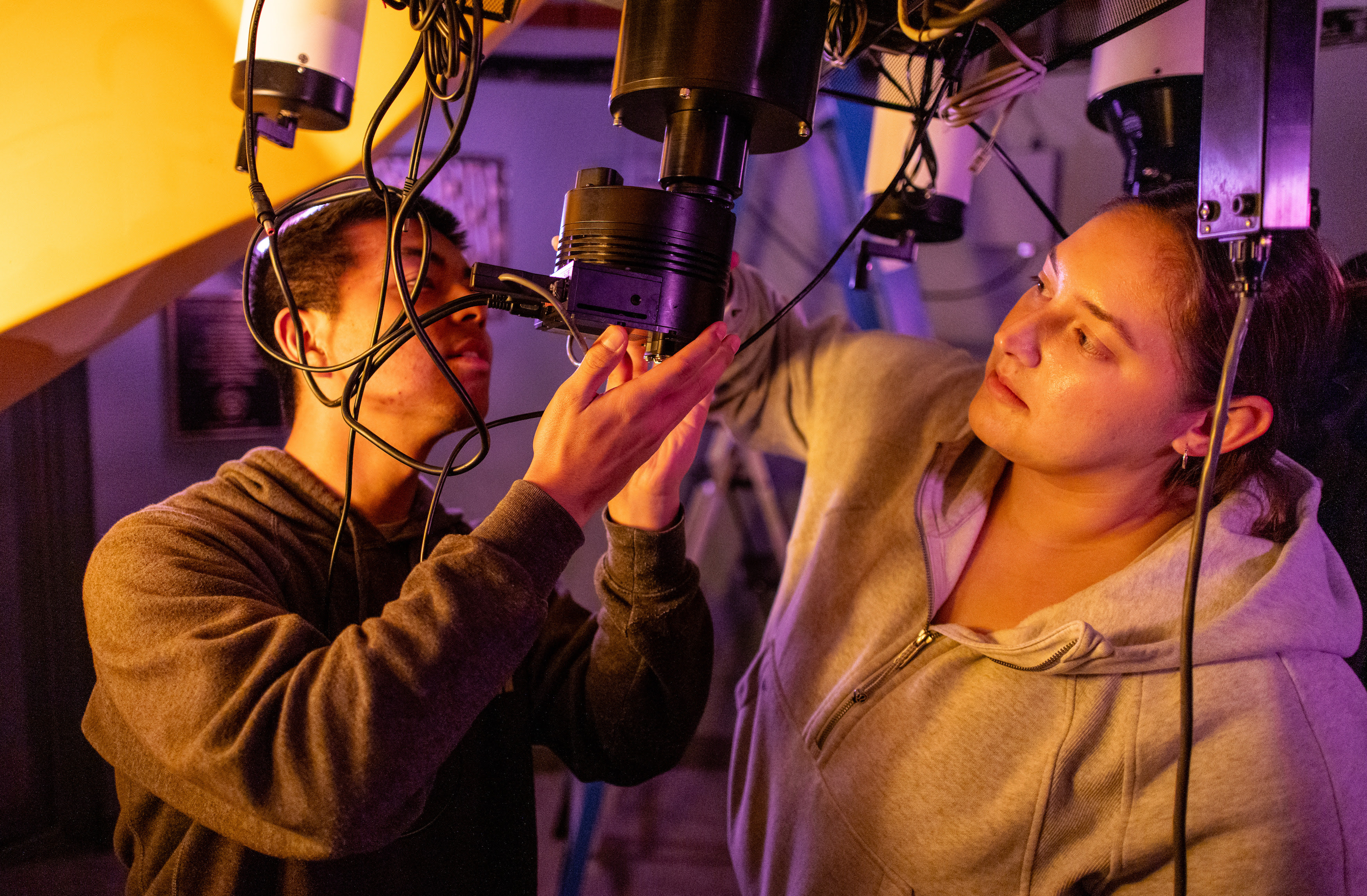 Westmont students use the Keck telescope on campus during the observational astronomy course taught by Dr. Ito.